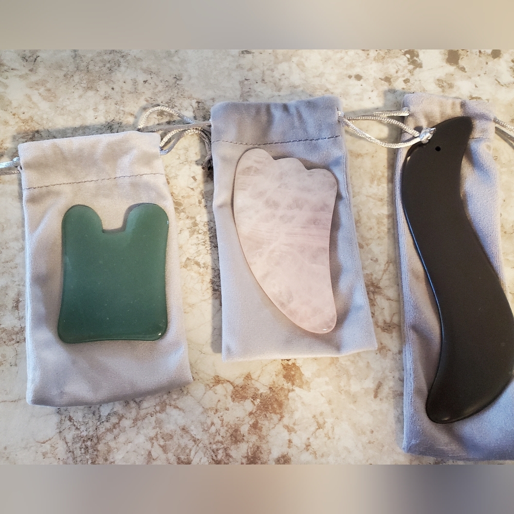 Set of Three Gua Sha Tools in Green, Pink, and Black